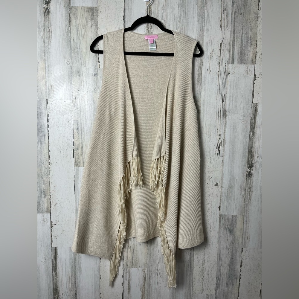 Lilly Pulitzer Andella Cream & Gold Fringe Knit Vest Size Medium